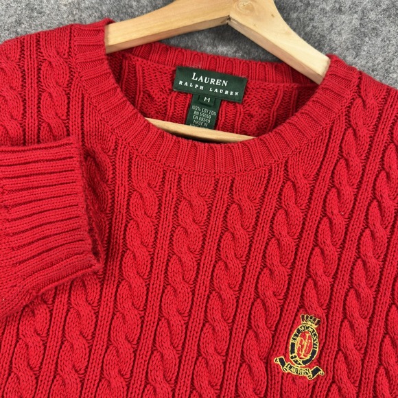 Lauren Ralph Lauren Sweaters - Lauren Ralph Lauren Sweater Womens Medium Red Cable Knit Cotton Crest Old Money